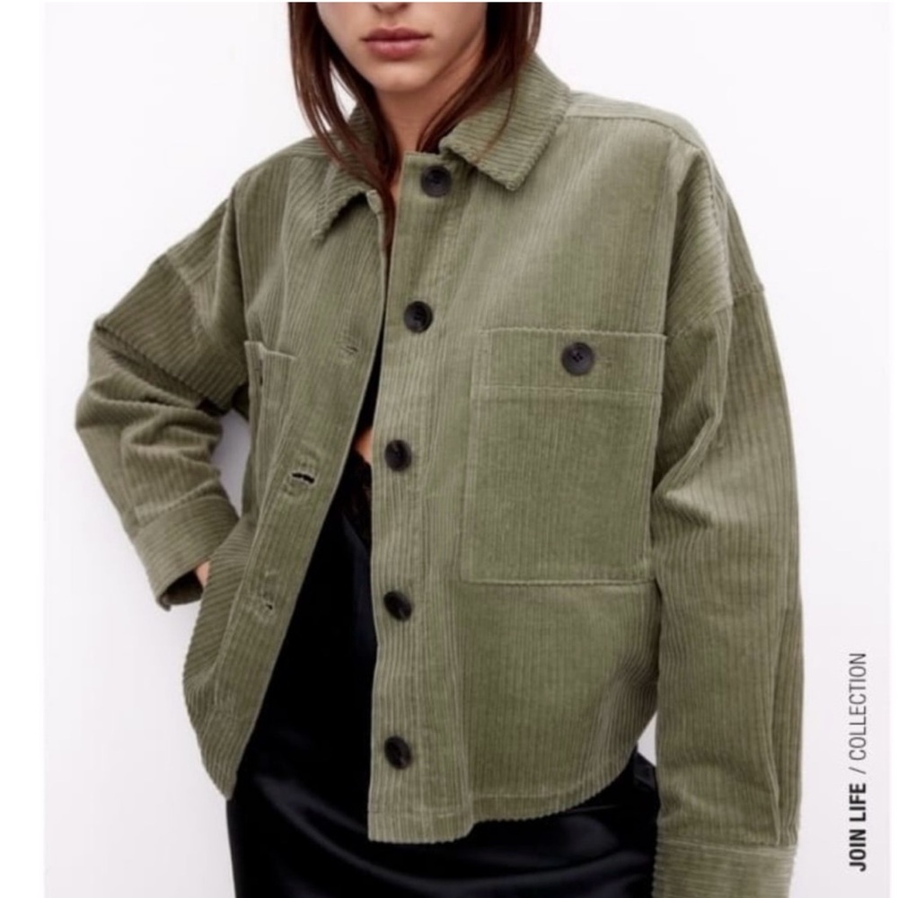 Zara Cropped Olive Green Corduroy Jacket